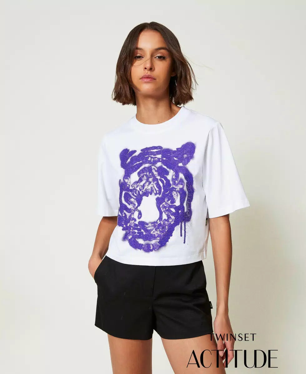 MYFO boxy T-shirt with print and sequins