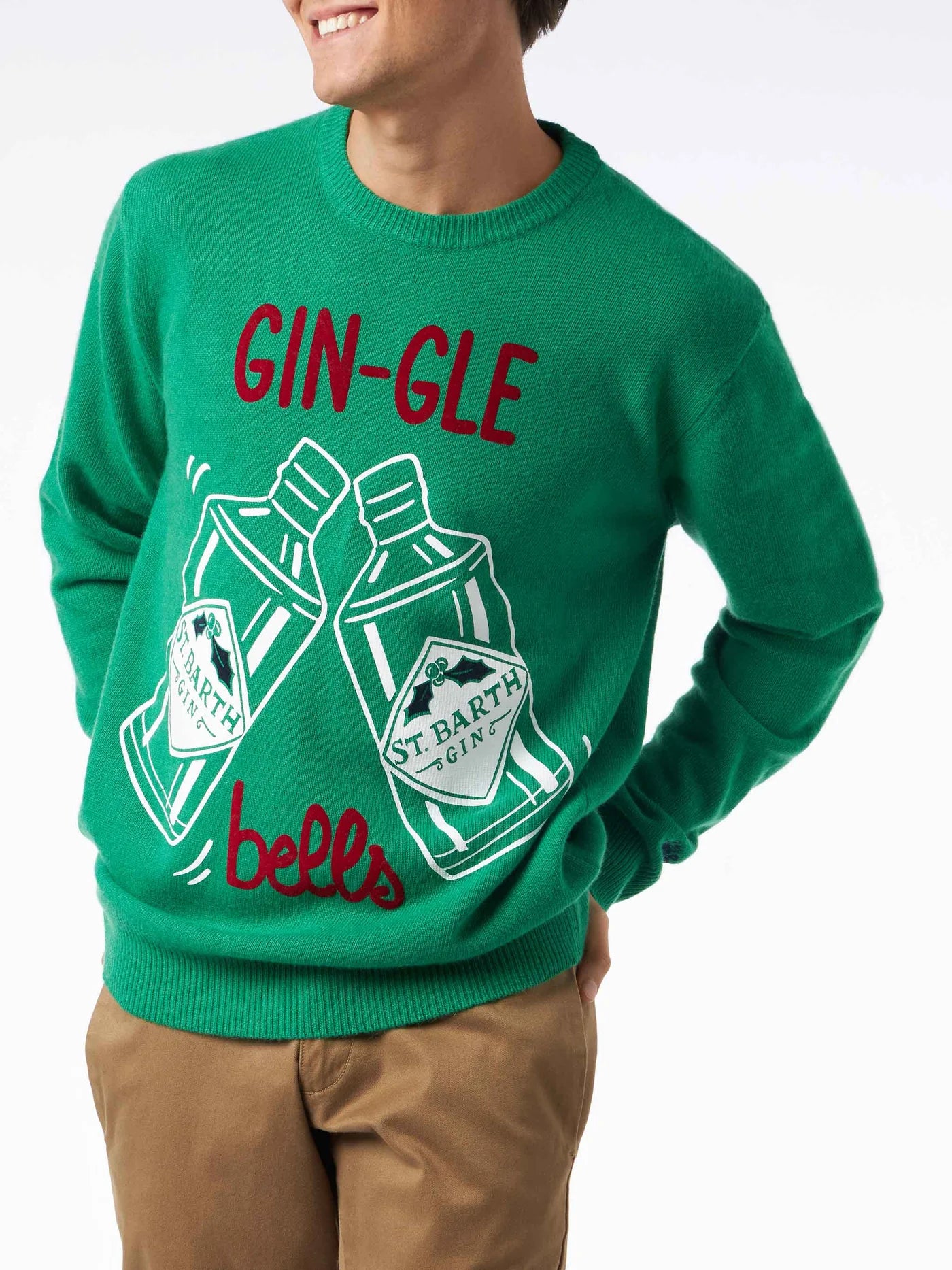Мъжки пуловер с кръгла яка и жакардов принт на звънчета GIN-GLE